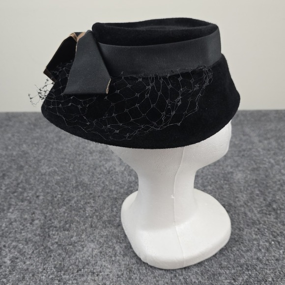 Vintage Peachbloom Velour Merrimac Body Black Fur Felt Hat with Veil & Bow‎ - Picture 8 of 11